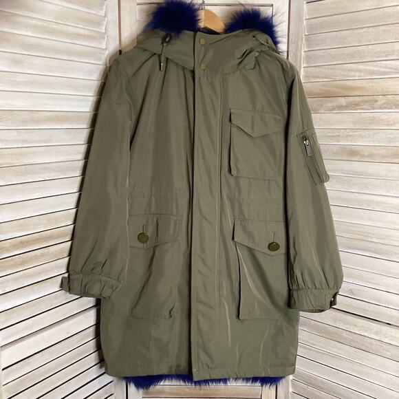 Moussy NoBorder Olive Green Blue Fur Trim Graphic Surprise Heavy Parka 1 S - Picture 2 of 12